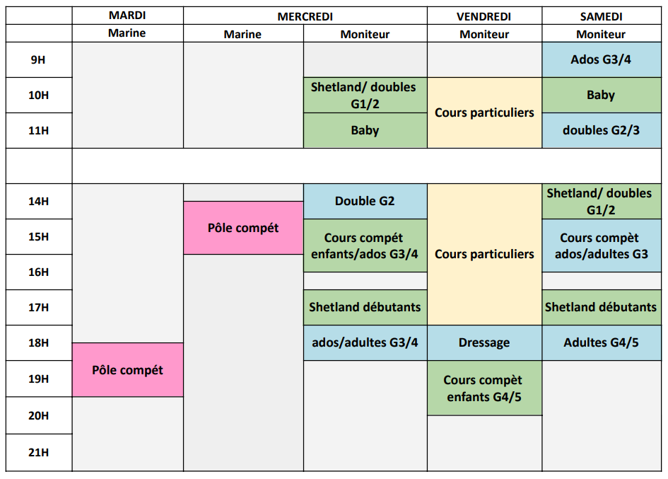Planning cours Ecuries au Coeur de L'isle Adam 2022 2023
