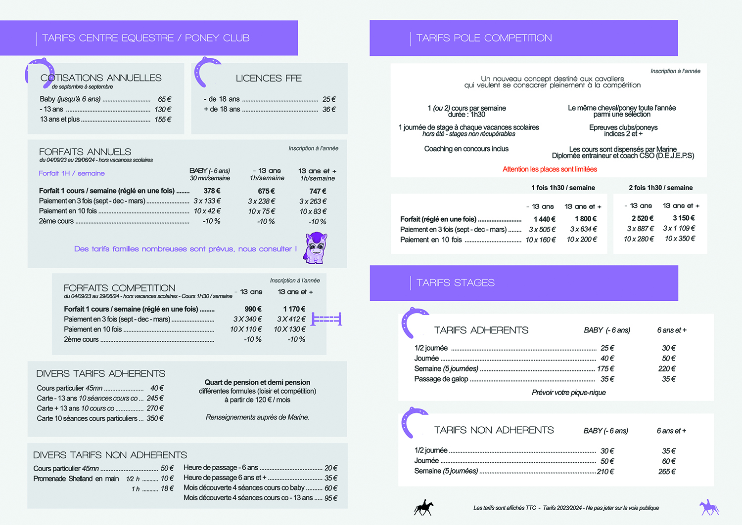 Tarifs 2023/2024 Ecuries au Coeur de L'Isle Adam