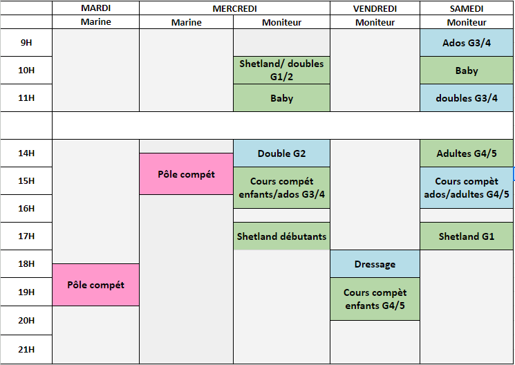 Planning des cours Ecuries au Coeur de L'Isle Adam 2023/2024