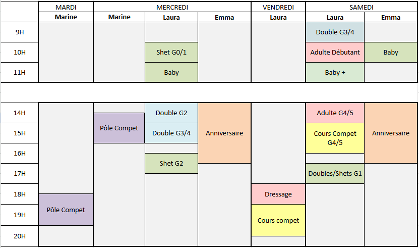 Planning des cours Ecuries au Coeur de L'Isle Adam 2025/2026