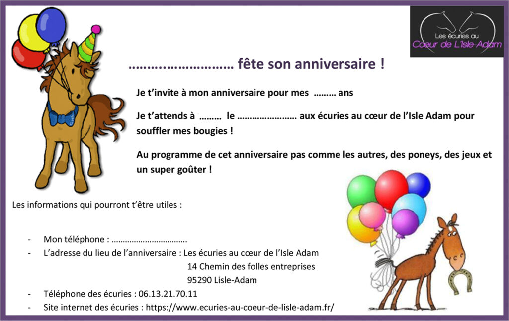 Carte invitation anniversaire Ecuries au Coeur de L'Isle Adam (95) Carte invitation anniversaire Ecuries au Coeur de L'Isle Adam (95)